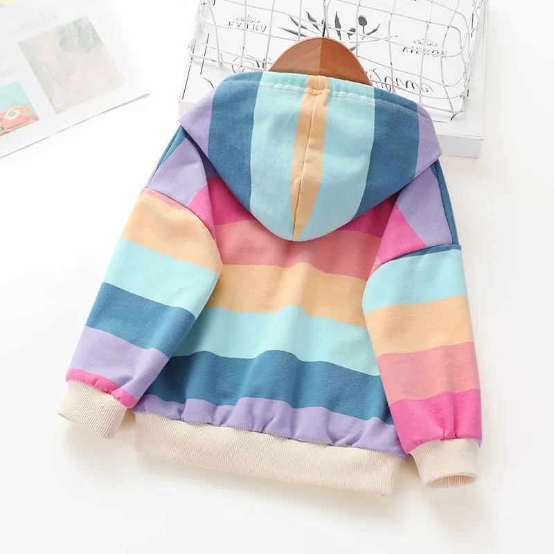 Rainbow Stripe Printed Girl Cotton Pullover Hoodies