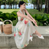 Women Fashion Elegant Vacation Floral Printed Halter Neck Backless Sleeveless Defined Waist Maxi Dress