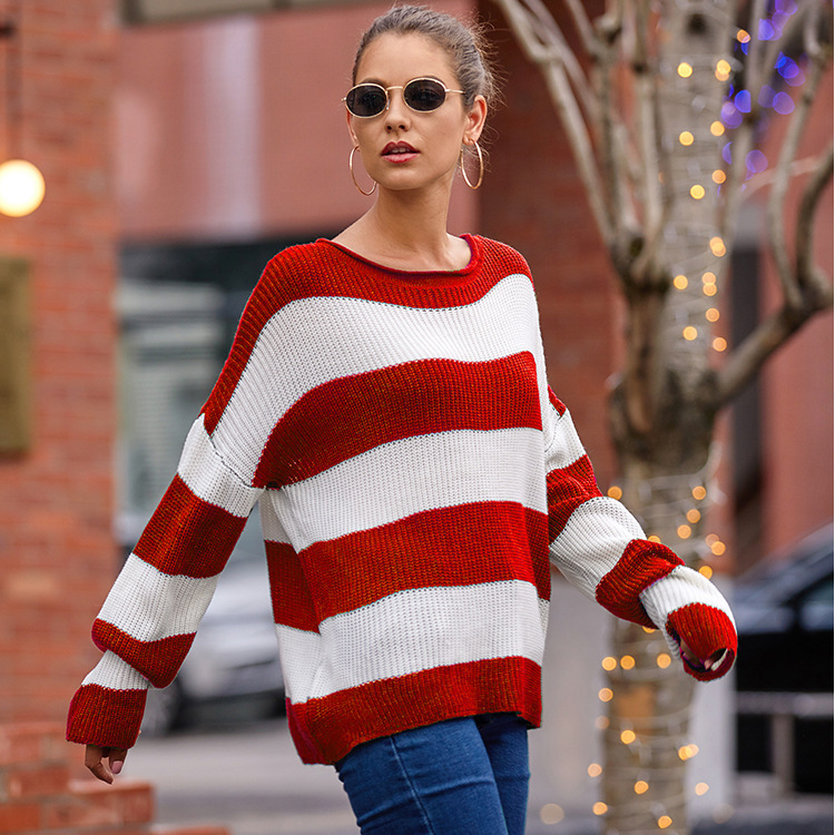 Women'S Fashion Round Neck Stripe Color Block Knit Sweater