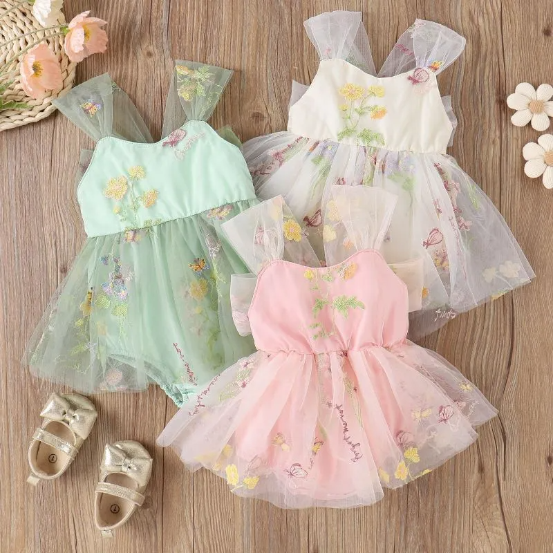 (Buy 1 Get 1) Kids Baby Girls Summer Fashion Casual Cute Floral Embroidery Mesh Romper Dress