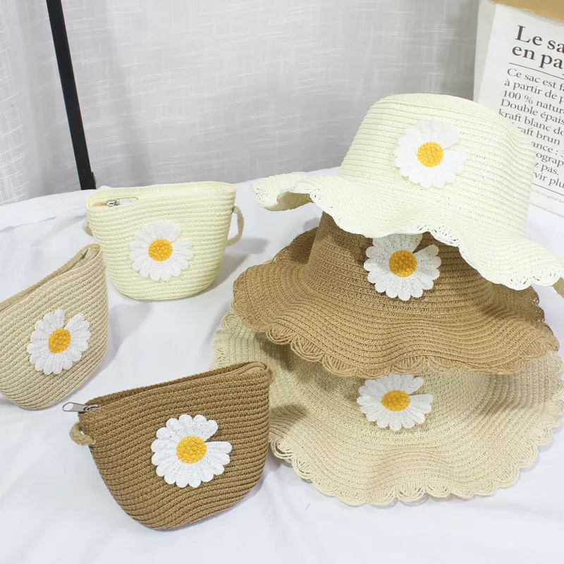 Kids Fashion Small Daisy Straw Bucket Hat + Messenger Bag Set