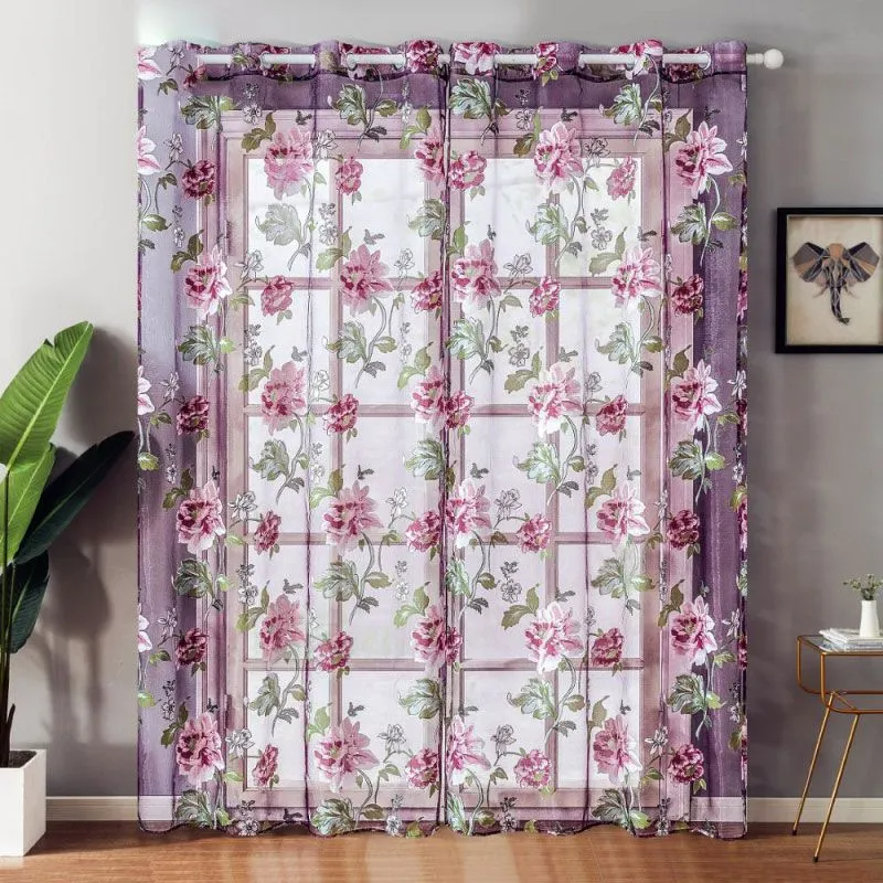 (Buy 1 Get 1) Beautiful Floral Print See-Through Home Bedroom Curtains