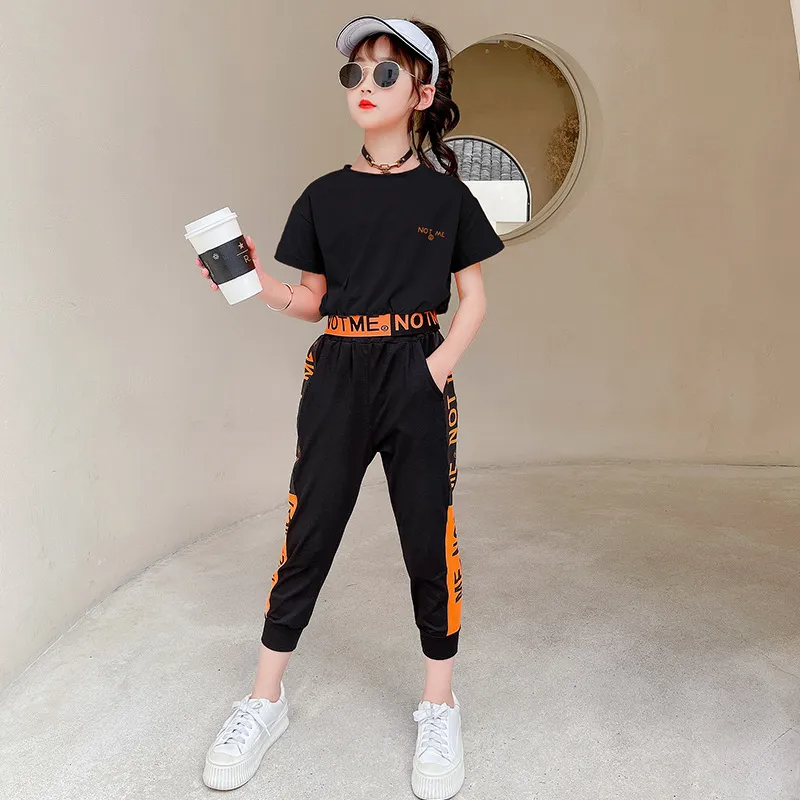 Children Kids Baby Fashion Girls Casual Basic Short Sleeve Letter Print Short Sleeve T-Shirt And Pants 2pcs Set