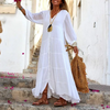 Ramadan /Eid  Women Casual Solid Color Bohemian V-Neck Long Sleeve Cotton And Linen Maxi Dress