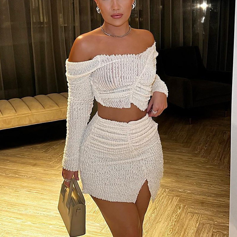 Women Sexy Fashion Off-Shoulder Long-Sleeved Blouse Slim Slit Short Skirt Nightclub Set