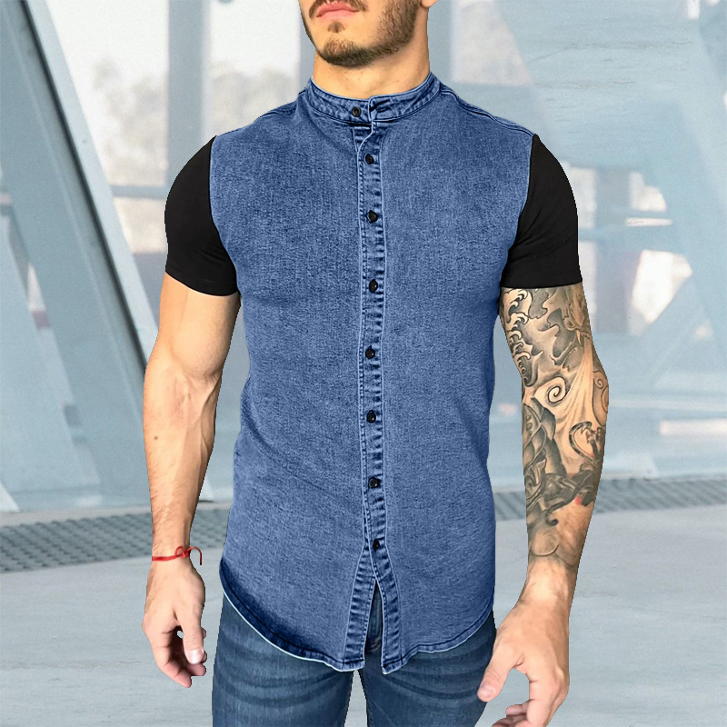 Men'S Fashion Stand Collar Imitation Denim Stitching Shirt