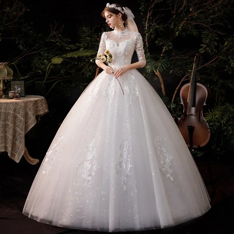 Women Elegant Stand Collar Crochet Hollow Out Lace Wedding Gown