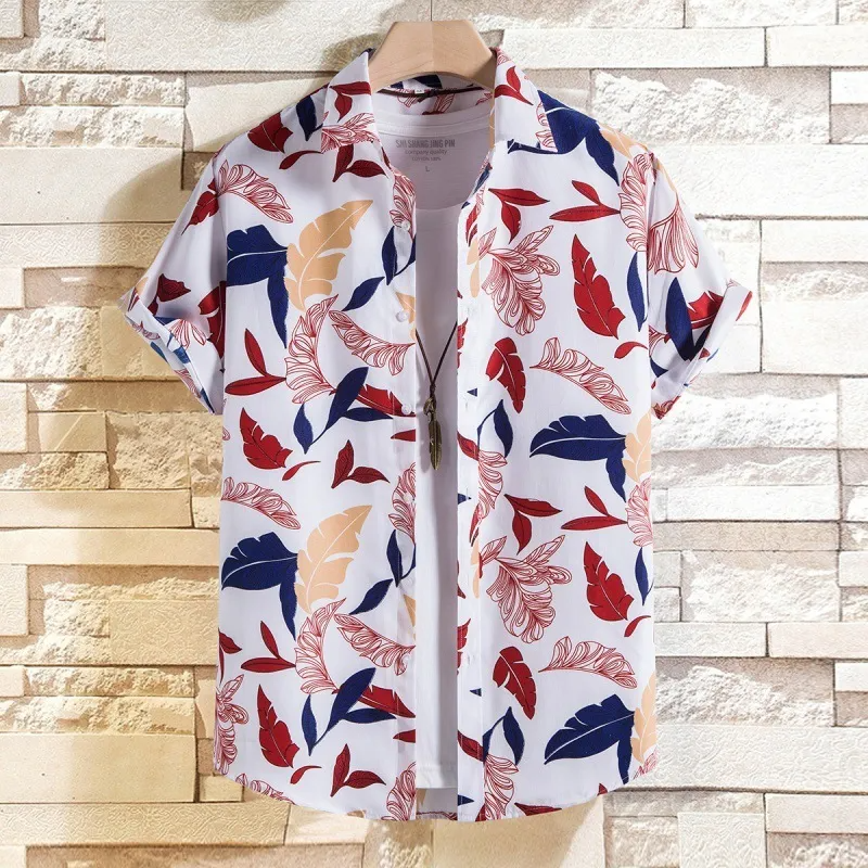 Men Fashion Multicolor Leaf Print Lapel Loose Short Sleeve Shirt