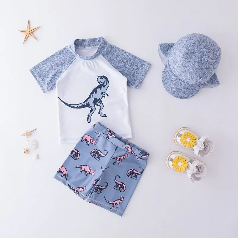 3 Pcs Boys Dinosaur Printed Swimsuit And Cap