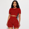 Women Fashion Casual Solid Color Hollow Short Sleeve Crop Top And Shorts Two-Piece Set