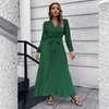 Women Fashion Casual Elegant Solid Color V-Neck Lace-Up Long-Sleeved Creased Mid-Length Dress