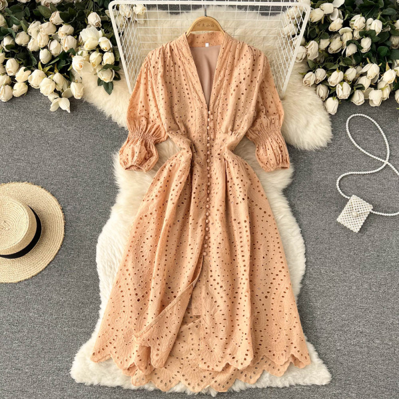 Women Fashion Elegant Solid Color V-Neck Cropped Sleeve Hollow Single-Breasted Shirt Dress