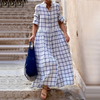 Women Fashion Casual Loose Lapel Plaid Maxi Swing Dress