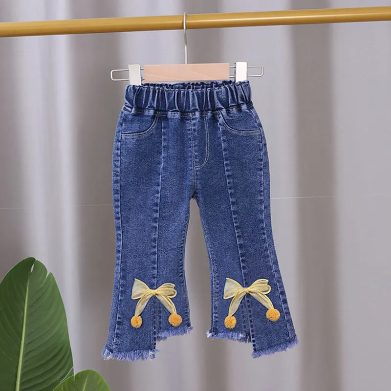 Children Kids Baby Fashion Girls Casual Basic Bow Thin Denim Flared Pants