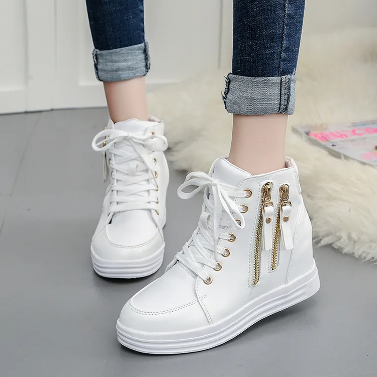 Women Fashion Solid Color Side Zipper Lace-Up Round Head Thick-Soled Sneakers