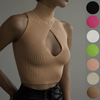 Fashion Women Solid Color Sleeveless Hollow Slim Fit Cropped Knitwear Top