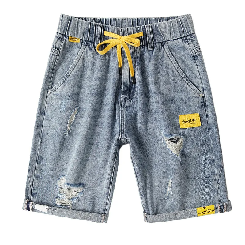 Summer New Beach Casual Men Shorts Straight Ripped Knee Length Denim Shorts Drawstring Loose Hole Male Short Jeans