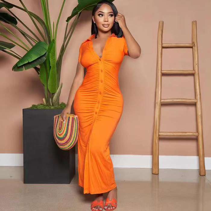 Women'S Fashion Solid Color V-Neck Pleated Dress