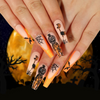 Women Fashion Halloween Orange Glitter Pumpkin Cobweb Bat Wearable False Nails