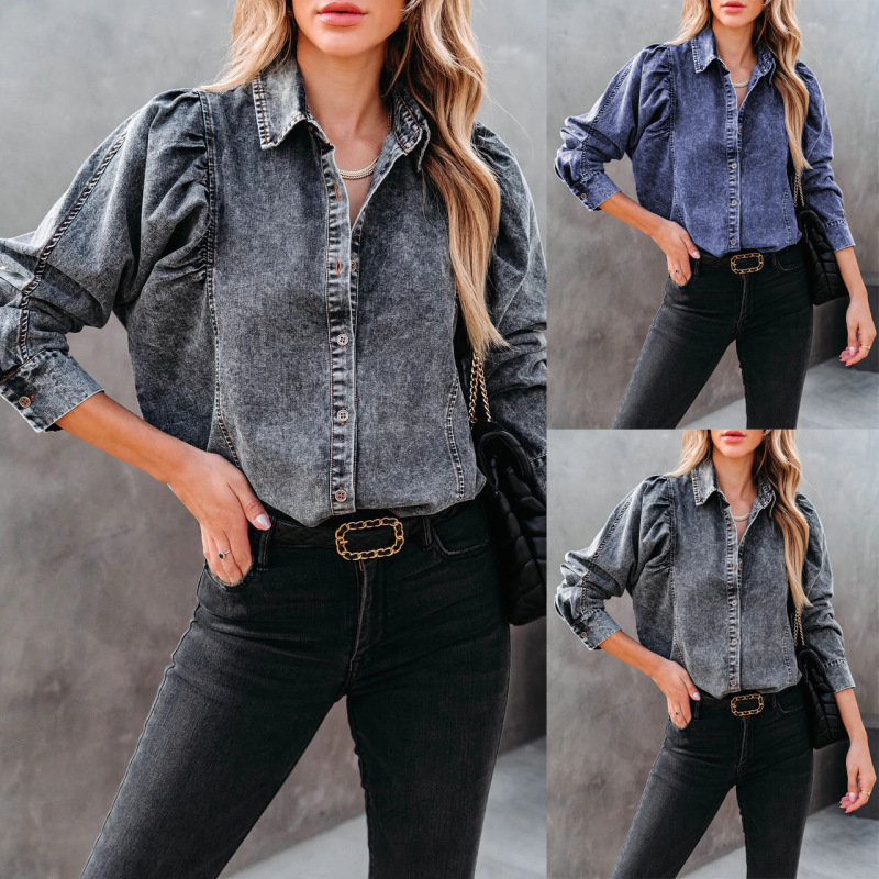 Women Autumn Winter Vintage Casual Fashion Loose Street Long-Sleeved Denim Blouse