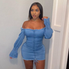 Women Basic Solid Color Denim Off-The-Shoulder Flared Long Sleeves Dress