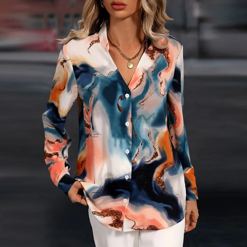 Women Long-Sleeved Tie Dye Marble Printed Button-Down Shirt V-Neck Office Chic Blouse