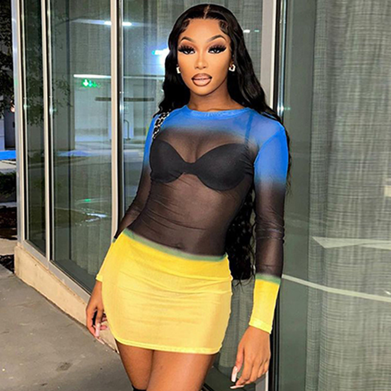 tight see through mesh dress Women Fashion Sexy Gradient Printed Mesh See-Through Long Sleeve Tight –  Caramelo