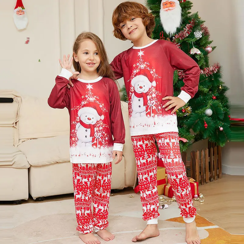 Cartoon Christmas Snowman Print Round Neck Long Sleeve Parent-Child Pajamas Set