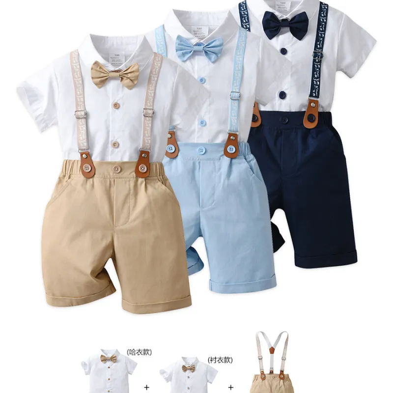 Kids Toddler Boys Summer Fashion Casual British Style Bow Lapel Shirt Suspender Trousers Boys Party Clothing Set