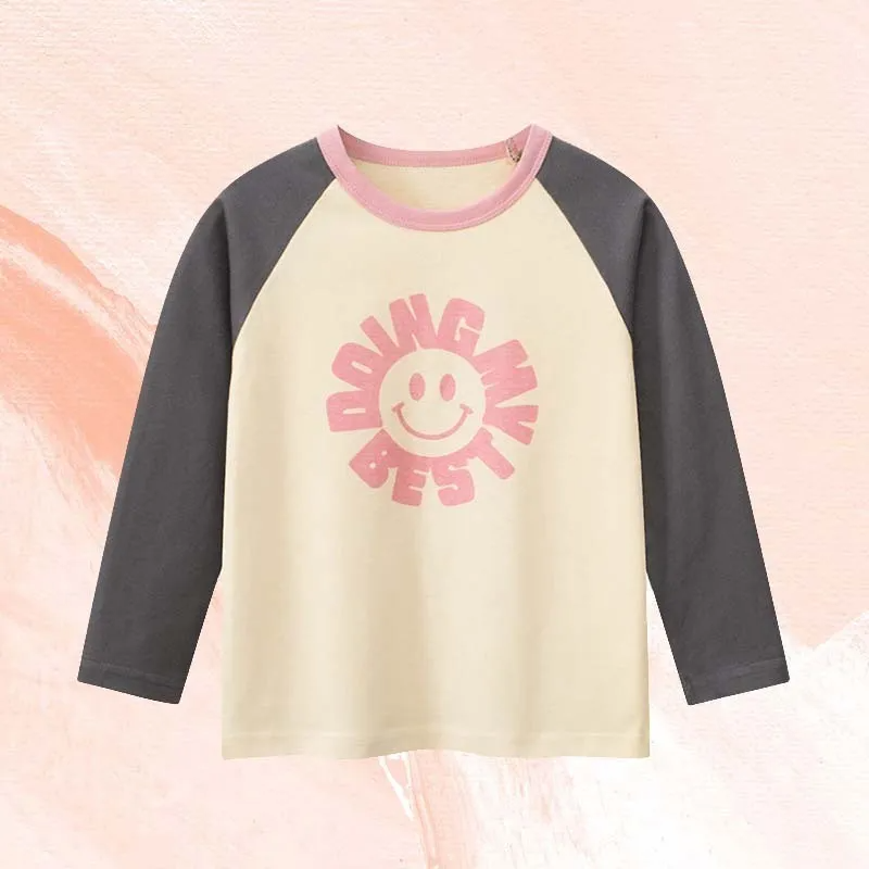 (Buy 1 Get 1) Kids Toddler Girls Casual Cute Alphabet Smiley Print Long Sleeve Round Neck T-Shirt