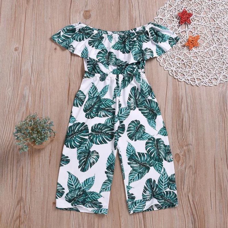 One Piece Girl Green Leaves Print Off-Shoulder Jumpsuit