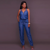 Women Sleeveless Zipper Defined Waist Denim Jumpsuits