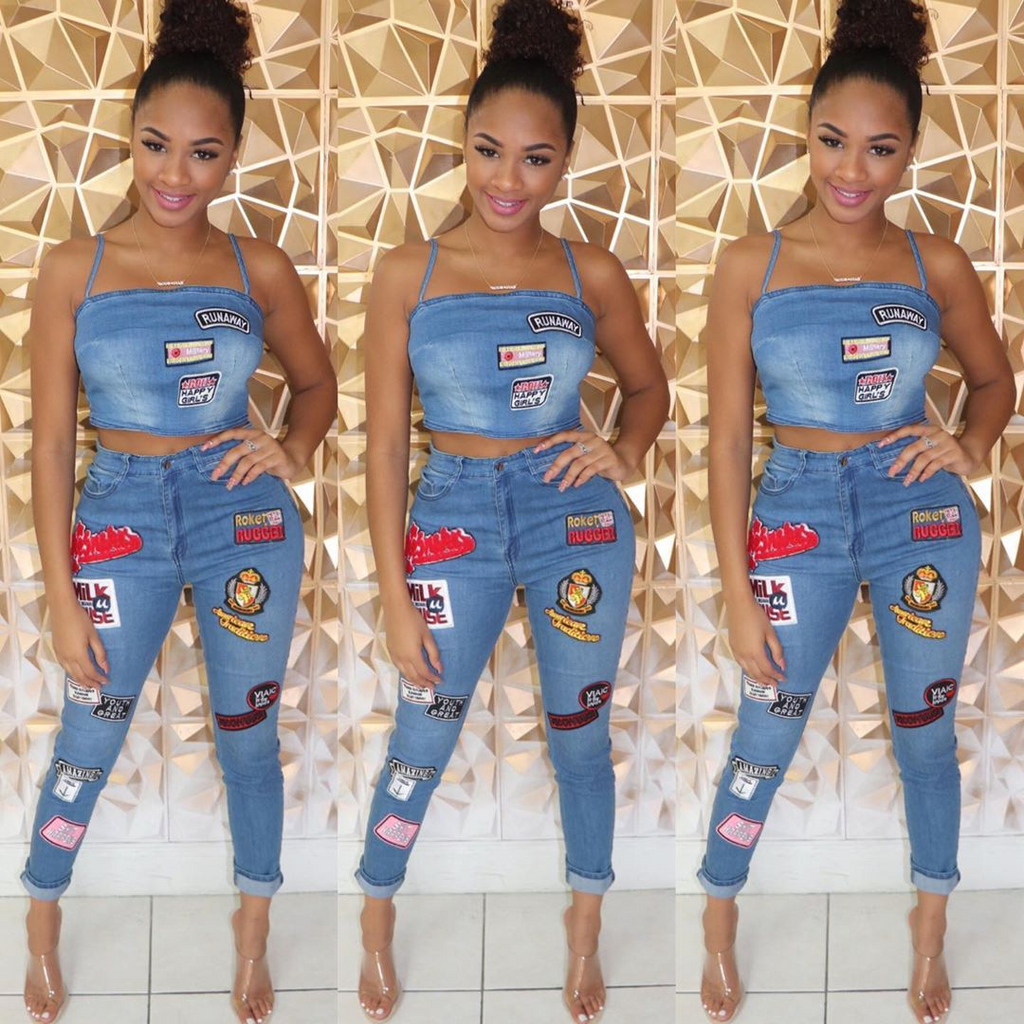 Sexy Sling Tube Top And Pants Patch Design Denim Two Piece Sets