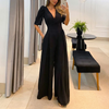 Women Fashion Solid Elegant Casual V-Neck High Waist Puff Short Sleeve Wide Leg Jumpsuits