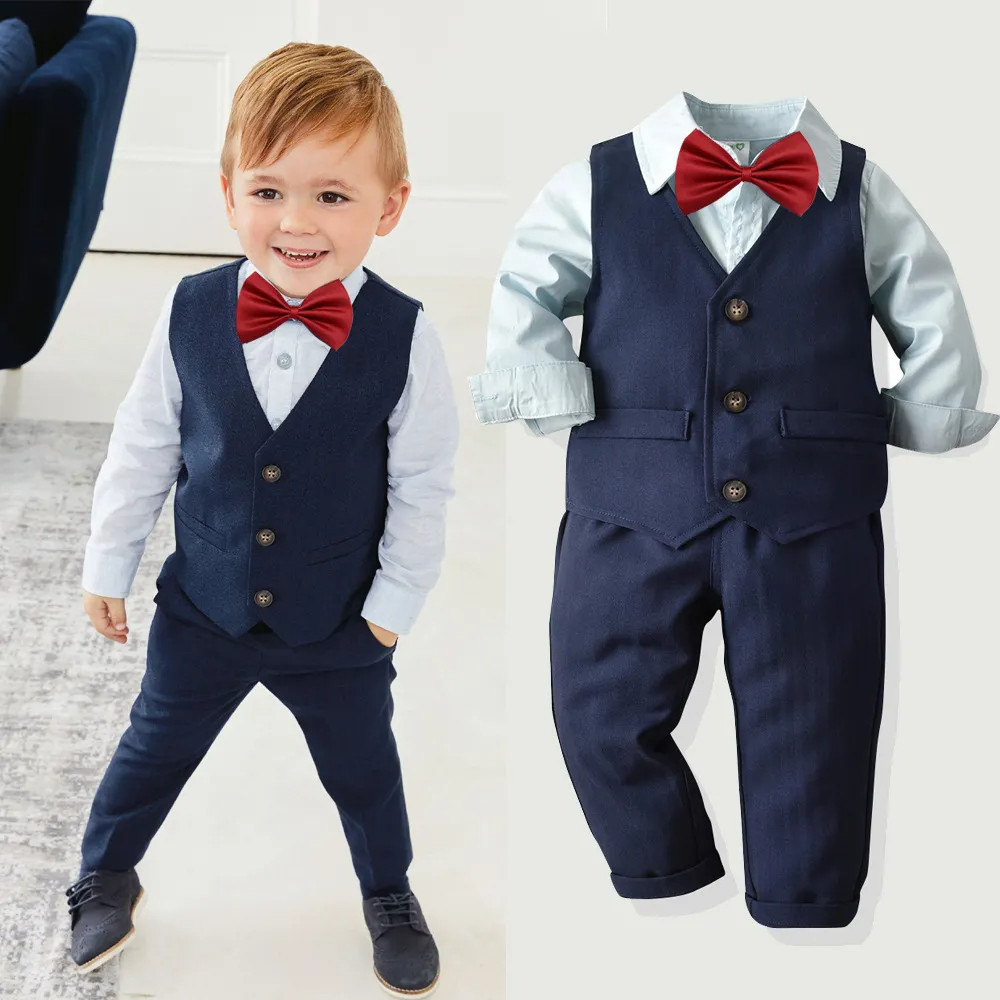 Classic Style Boy Shirt And Button Design Vest And Pant With Bowtie