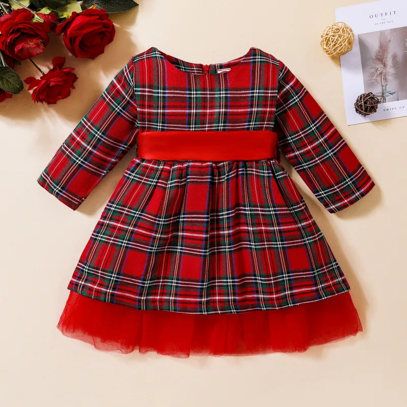 Kids Toddler Girls Fashion Casual Christmas Red Plaid Round Neck Long Sleeve Mesh Dress