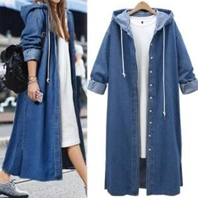 Women Casual Long-Sleeve Single-Breasted Denim Hooded Coat