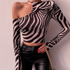 Women Round Neck Pullover Zebra Printed Long-Sleeved Cool-Shoulder Crop Top