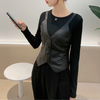 Women Solid Pu Leather Autumn Winter Fashion Short V-Neck Vest