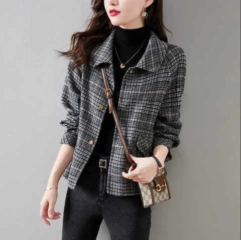 Women Fashion Casual Style Long Sleeve Plaid Attern Tweed Lapel Coat