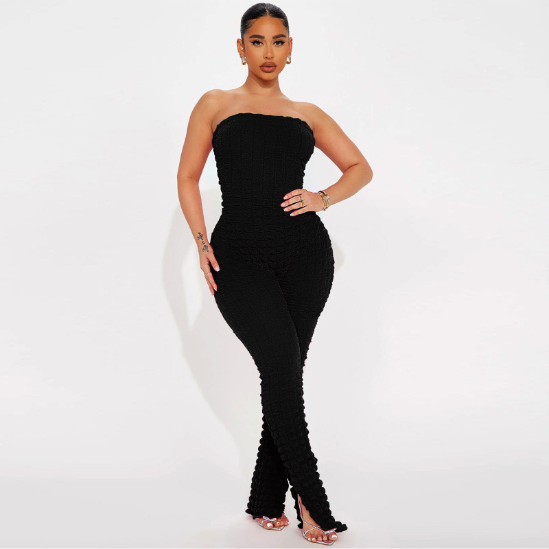 Women Fashion Slim Fit Solid Color Strapless Bubble Clothing Jumpsuit