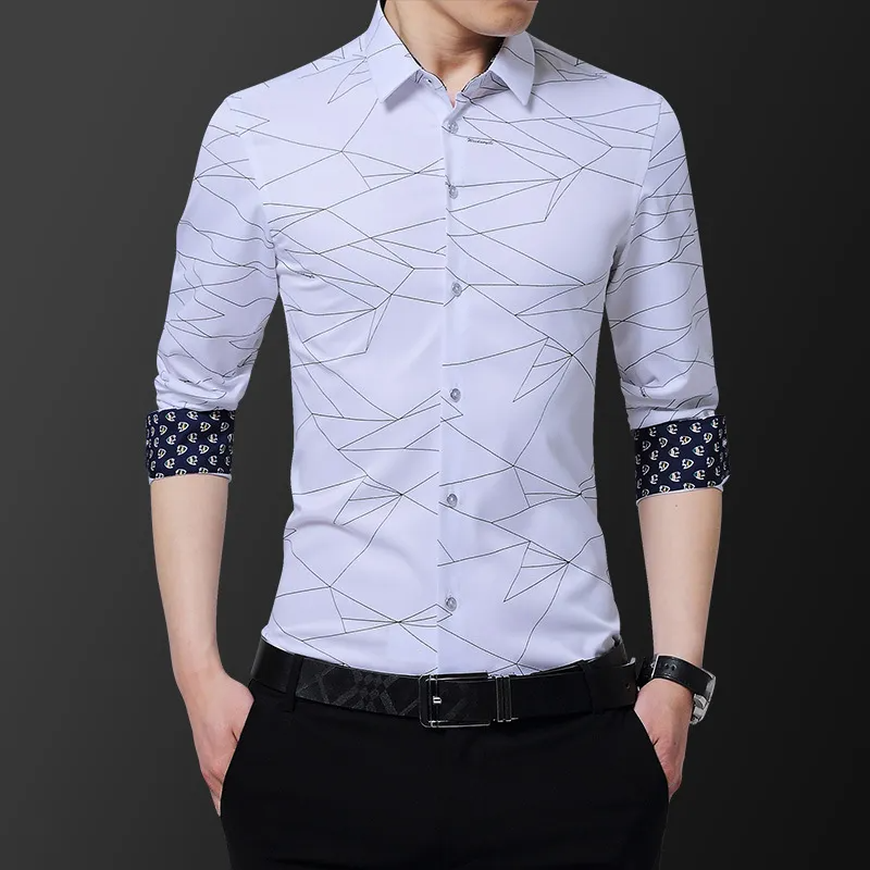 Men'S Casual Color Matching Irregular Line Slim Long-Sleeved Shirt