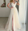 Women Elegant Off-The-Shoulder V-Neck Side-Slit Mesh Patchwork Sweep Length Wedding Evening Dress