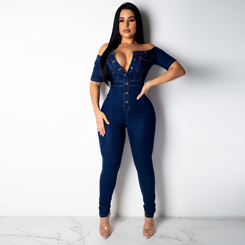 Sexy Off-The-Shoulder Long-Sleeve Single-Breasted Slim Denim Jumpsuits