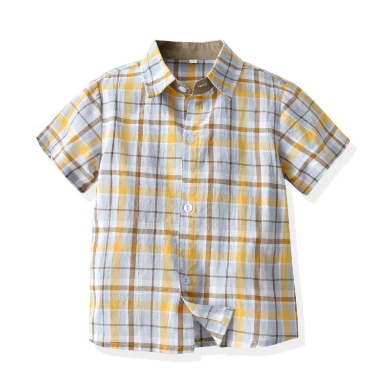 Children Kids Toddlers Fashion Boys Lapel Plaid Short Sleeve Shirt