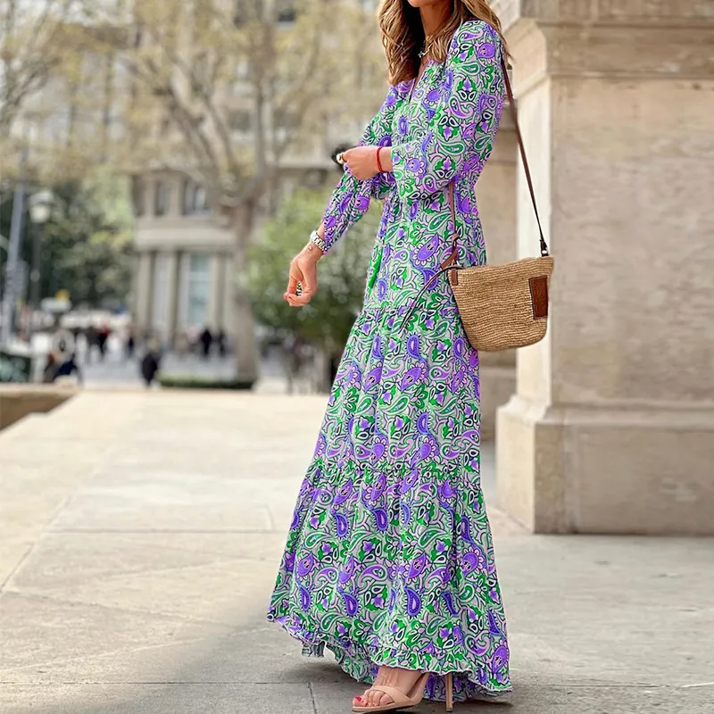 Ramadan /Eid Women Fashion Casual Bohemian Print Long Sleeve Maxi Dress