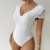 Women Summer Solid Color Sexy Lace See-Through Deep V Open Back Bodysuit