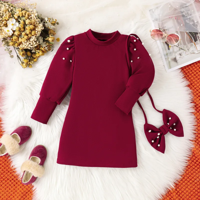 Kids Toddler Girls Casual Cute Solid Color Pearl Bow Long Sleeve Round Neck Dress