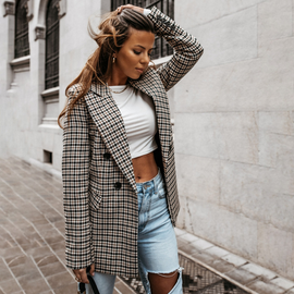 Women Fashion Vintage Plaid Houndstooth Pattern Long Slleve Lapel Blazer