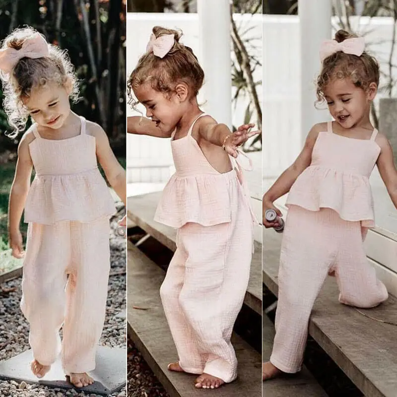 Girls Solid Color Stringy Selvedge Design Romper